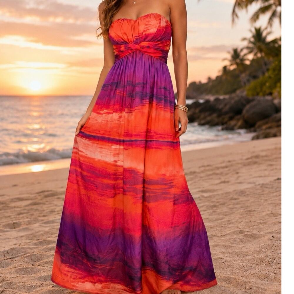 Jessica Simpson Strapless Sunset Gradient Maxi Dress in Orange and Purple